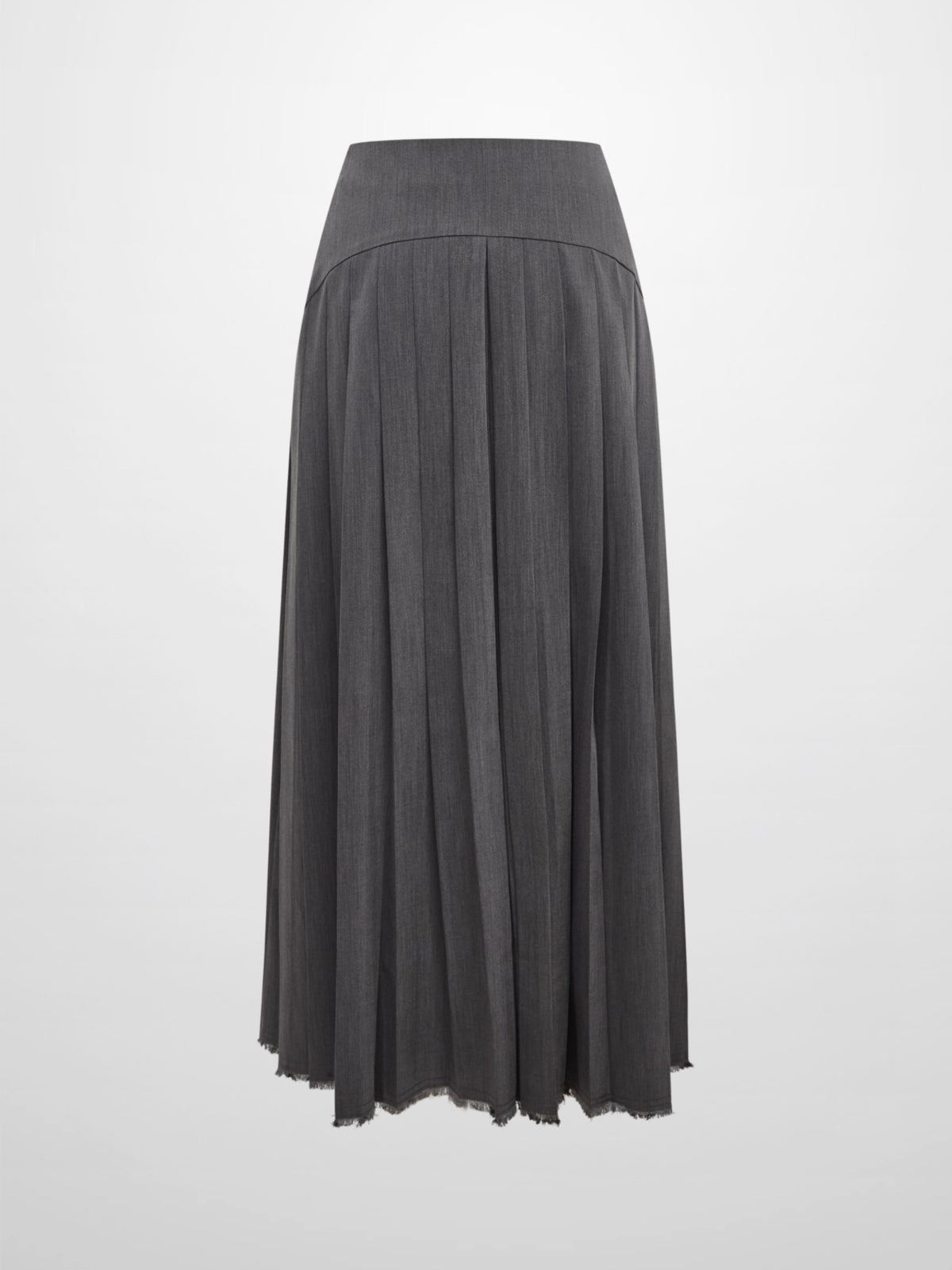 Curved Yoke Fringe Bottom Pleat Skirt LONG- Grey