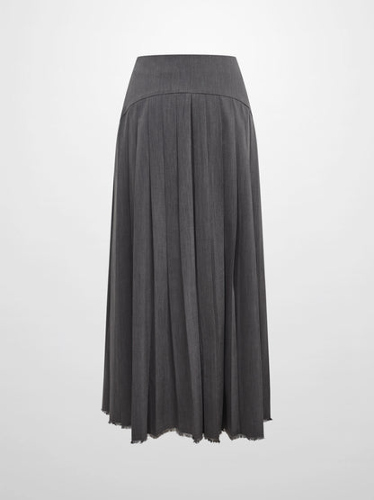 Curved Yoke Fringe Bottom Pleat Skirt LONG- Grey