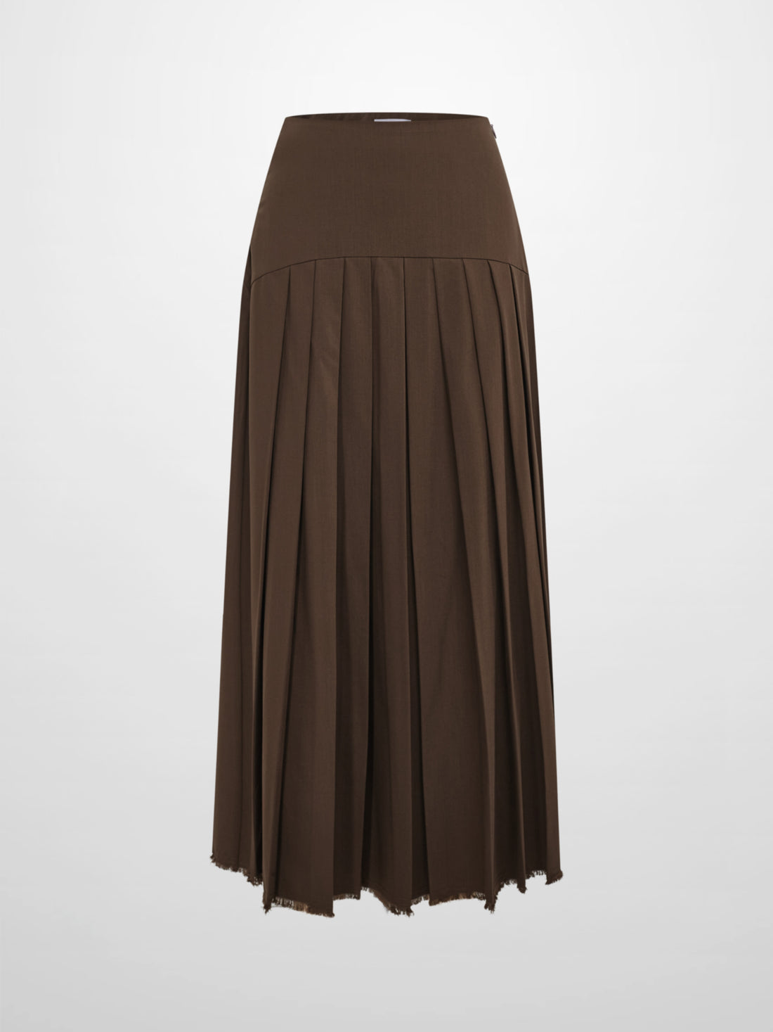 Curved Yoke Fringe Bottom Pleat Skirt LONG- Brown