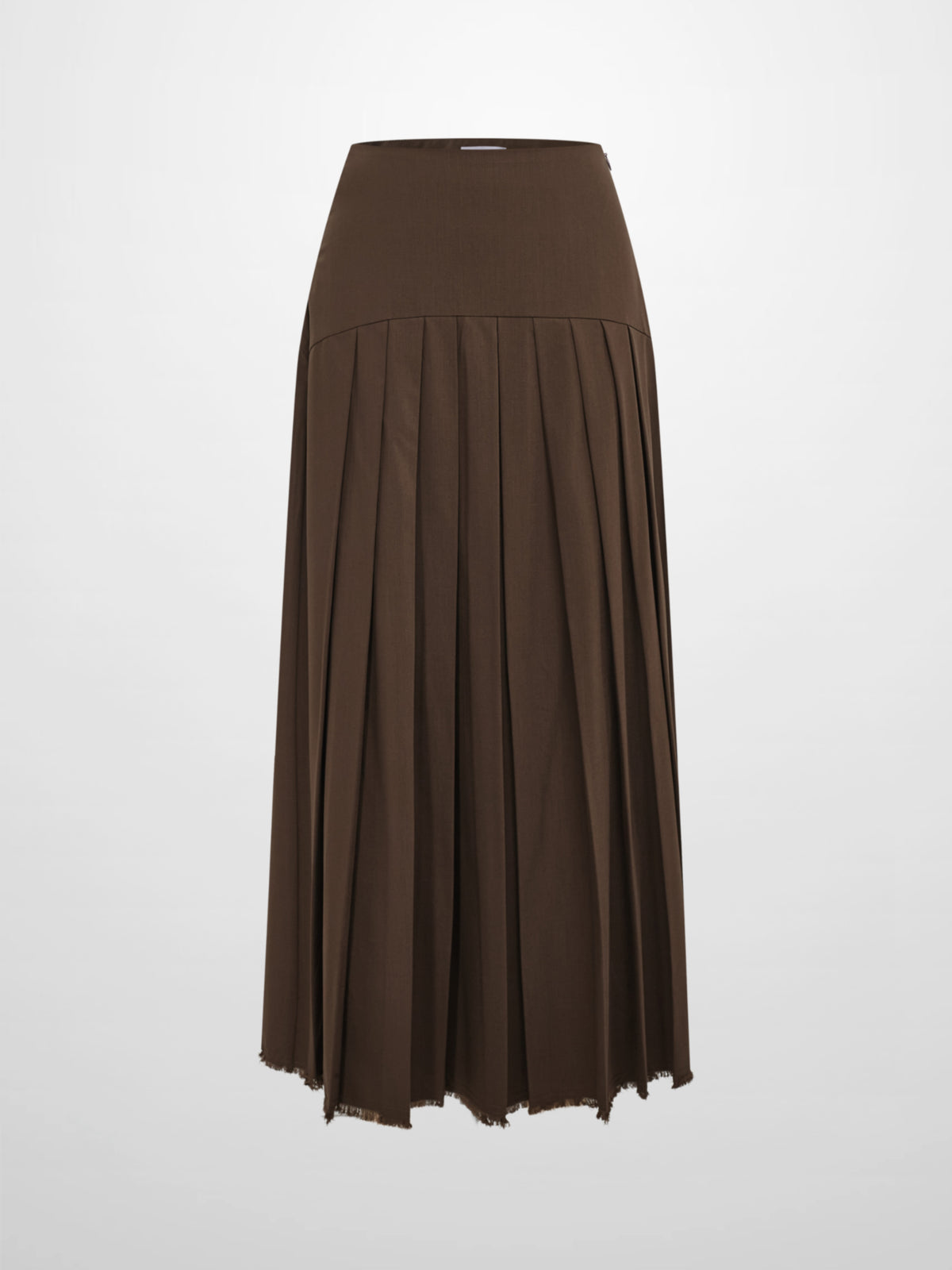 Curved Yoke Fringe Bottom Pleat Skirt LONG- Brown