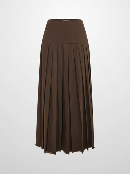 Curved Yoke Fringe Bottom Pleat Skirt LONG- Brown