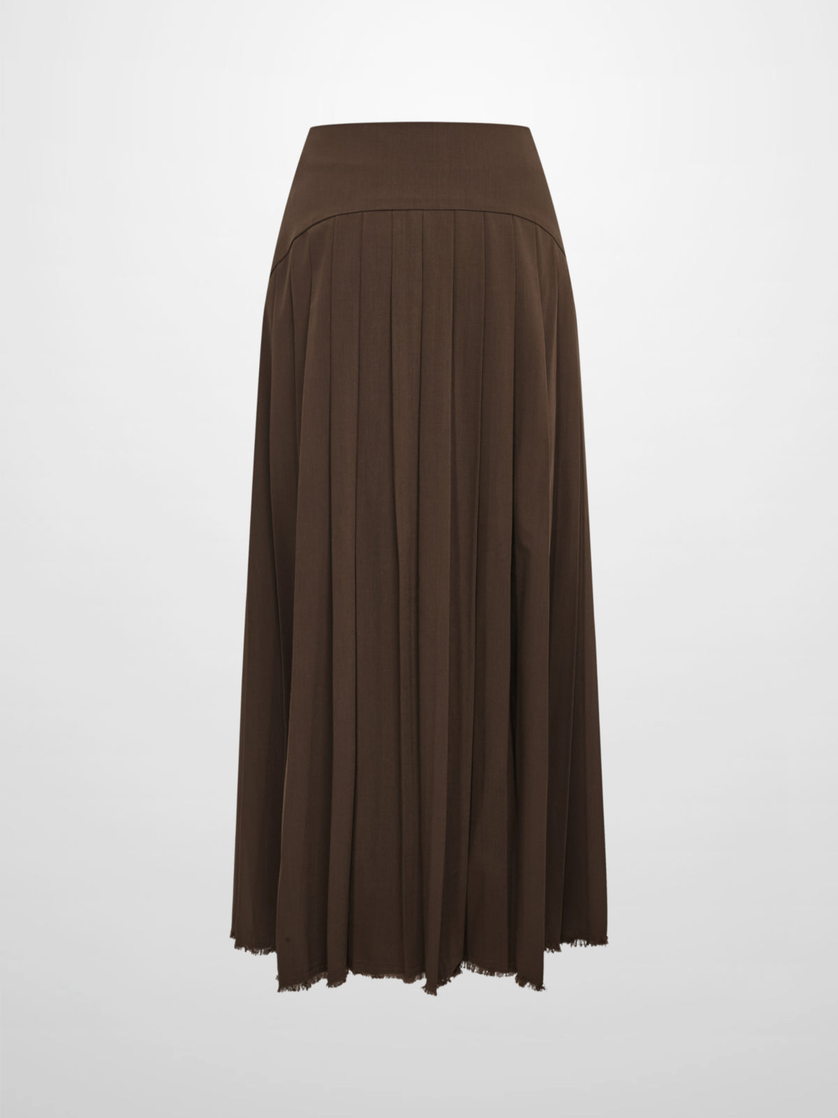 Curved Yoke Fringe Bottom Pleat Skirt LONG- Brown