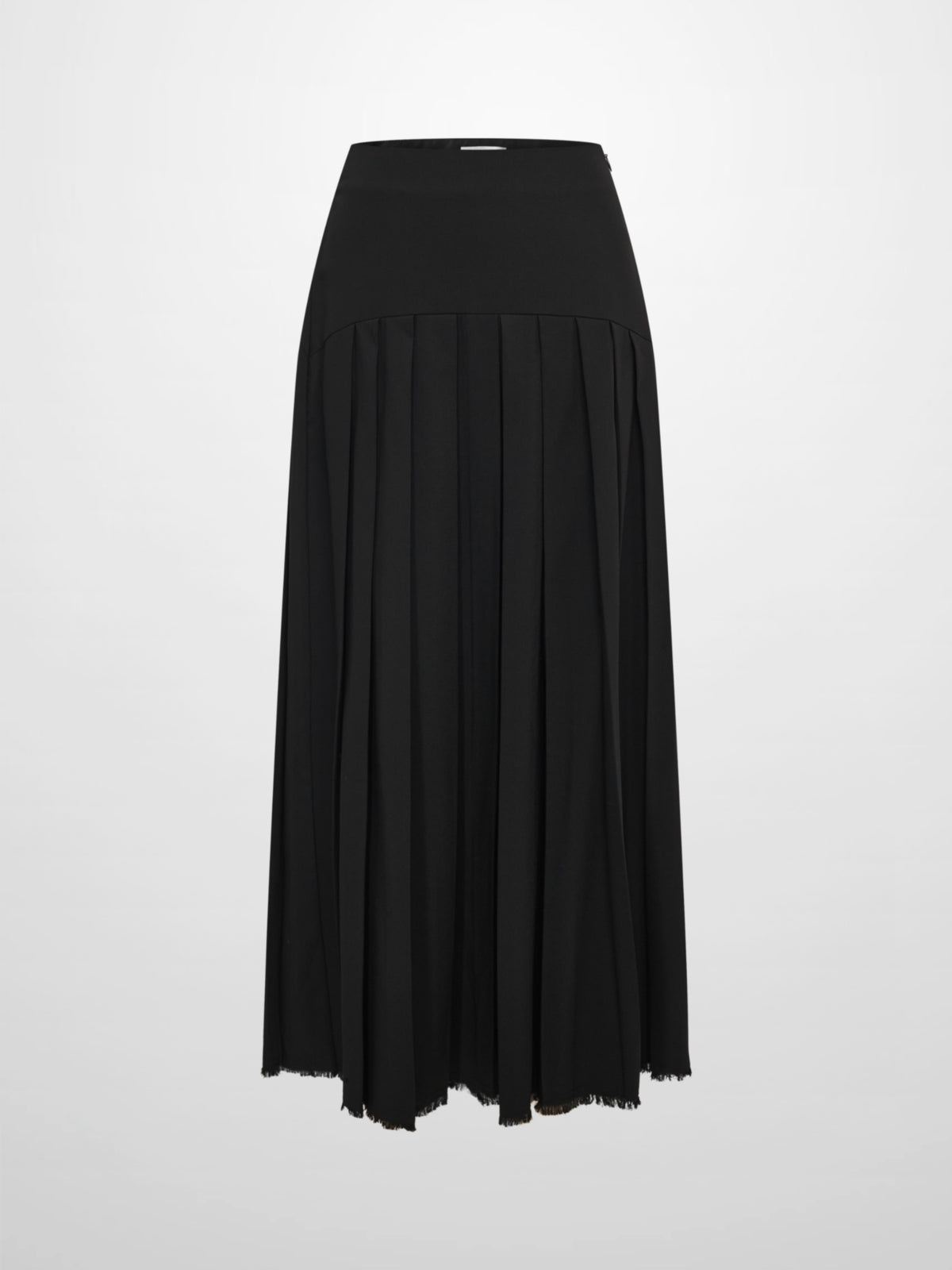 Curved Yoke Fringe Bottom Pleat Skirt LONG - Black