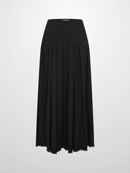 Curved Yoke Fringe Bottom Pleat Skirt LONG - Black