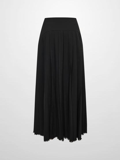Curved Yoke Fringe Bottom Pleat Skirt LONG - Black