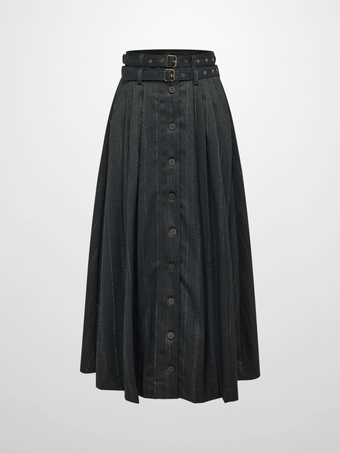 Double Buckle Full Maxi Skirt - Grey Pinstripe