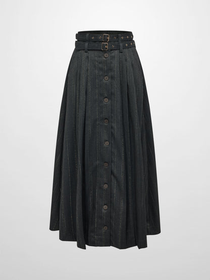 Double Buckle Full Maxi Skirt - Grey Pinstripe