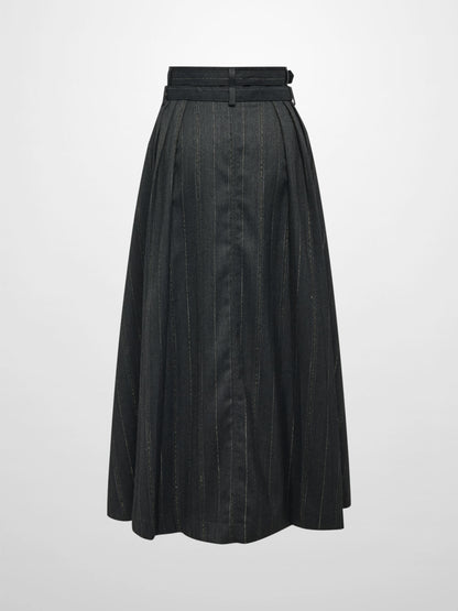 Double Buckle Full Maxi Skirt - Grey Pinstripe