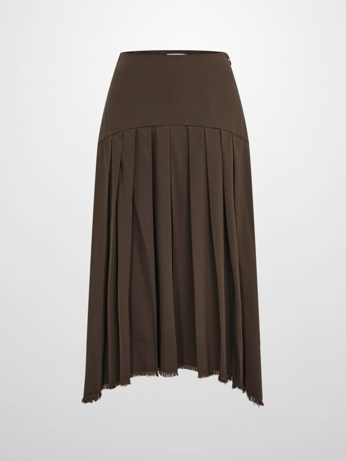 Curved Yoke Fringe Bottom Pleat Skirt SHORT- Brown