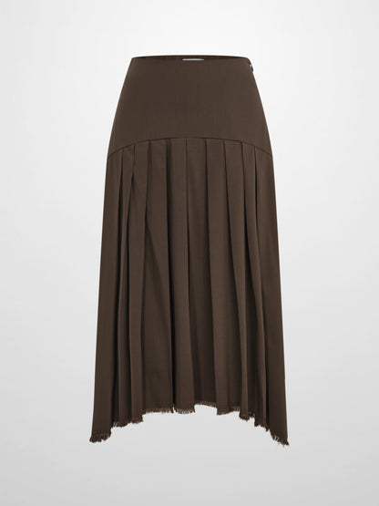 Curved Yoke Fringe Bottom Pleat Skirt SHORT- Brown