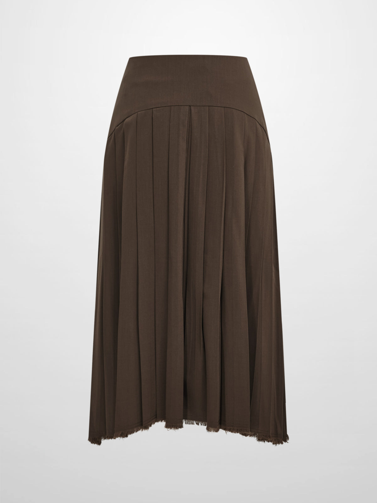 Curved Yoke Fringe Bottom Pleat Skirt SHORT- Brown