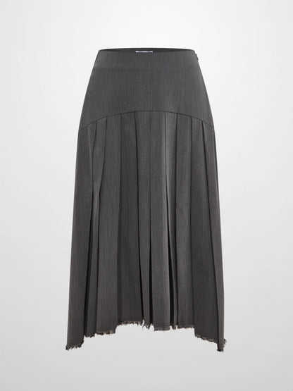 Curved Yoke Fringe Bottom Pleat Skirt SHORT- Grey