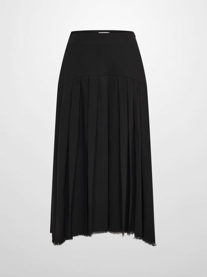 Curved Yoke Fringe Bottom Pleat Skirt SHORT - Black