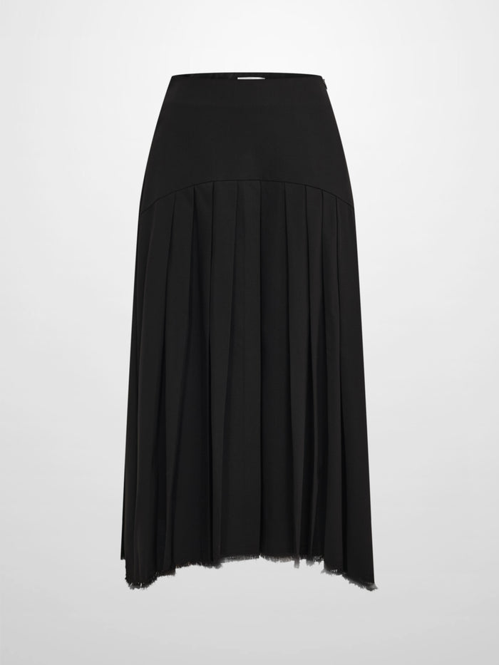 Curved Yoke Fringe Bottom Pleat Skirt SHORT - Black