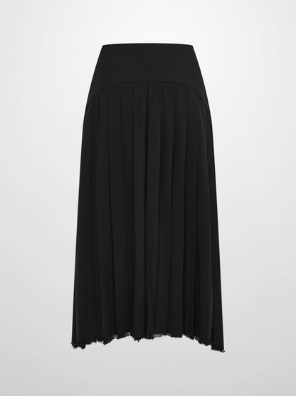Curved Yoke Fringe Bottom Pleat Skirt SHORT - Black