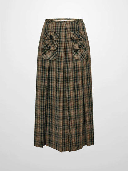 Pocket Detail Pleat Skirt - Camel/Black/Green Plaid