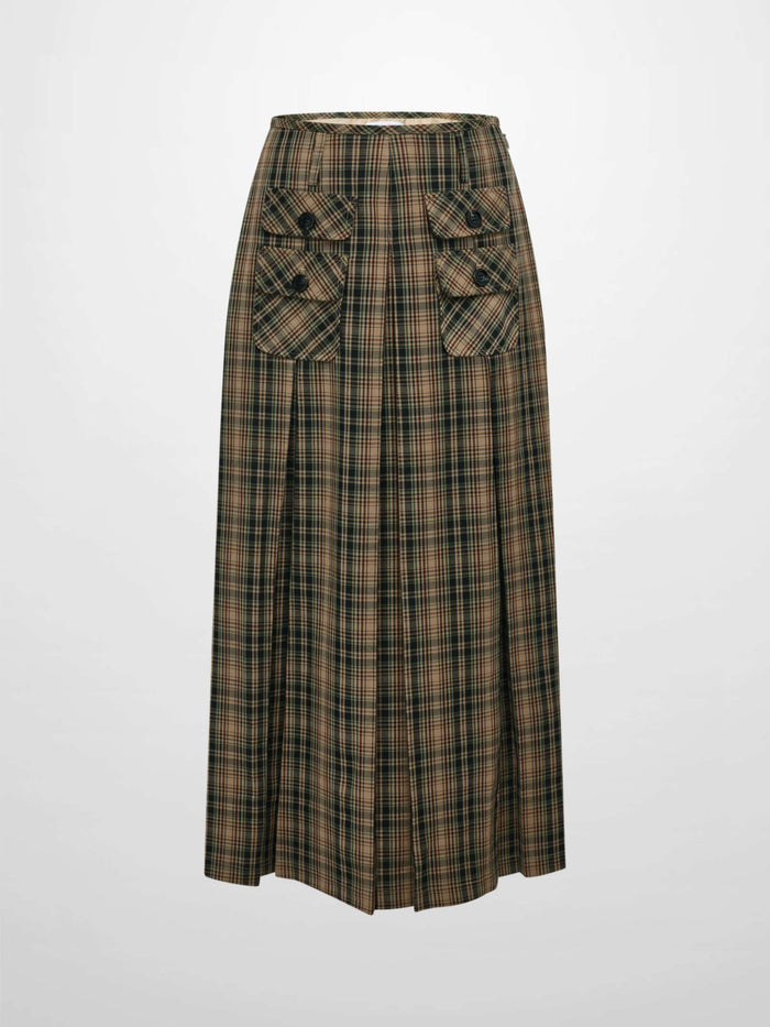 Pocket Detail Pleat Skirt - Camel/Black/Green Plaid