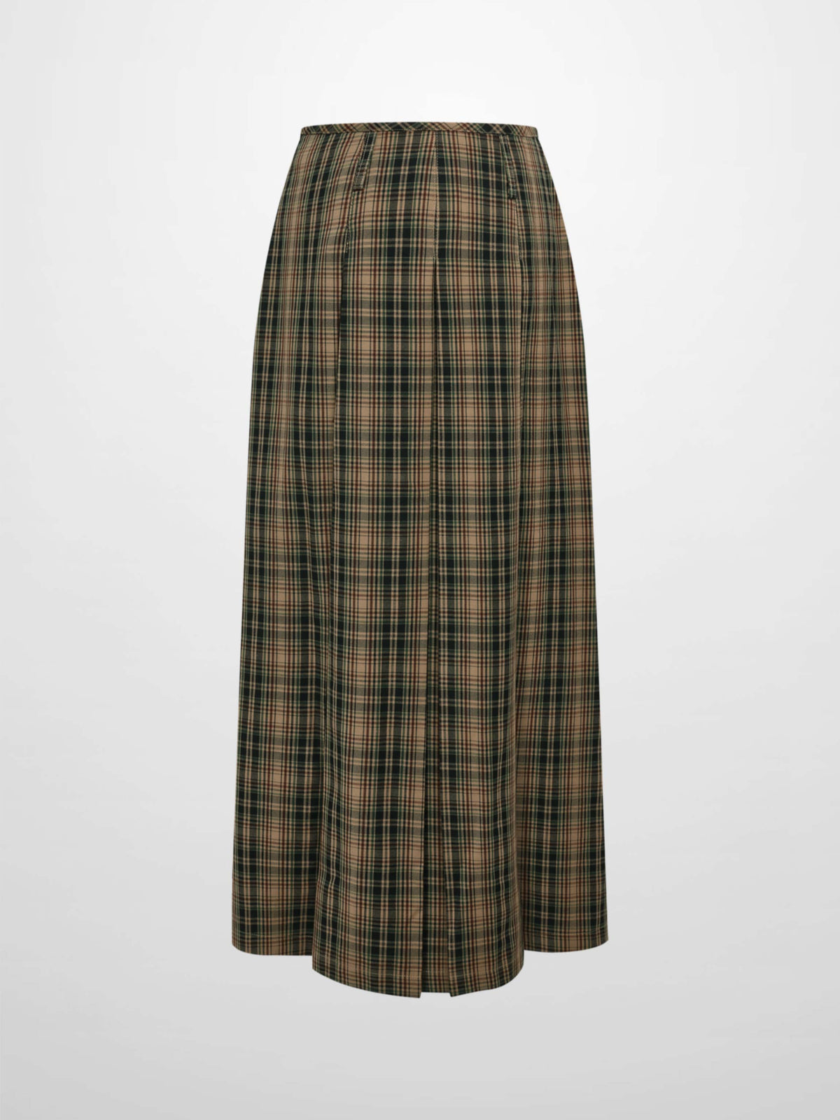 Pocket Detail Pleat Skirt - Camel/Black/Green Plaid