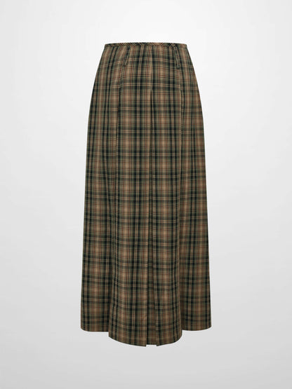 Pocket Detail Pleat Skirt - Camel/Black/Green Plaid