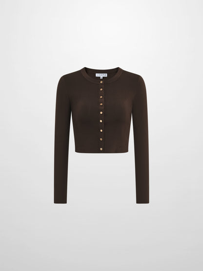 Gold Button Crop Cardigan - Brown