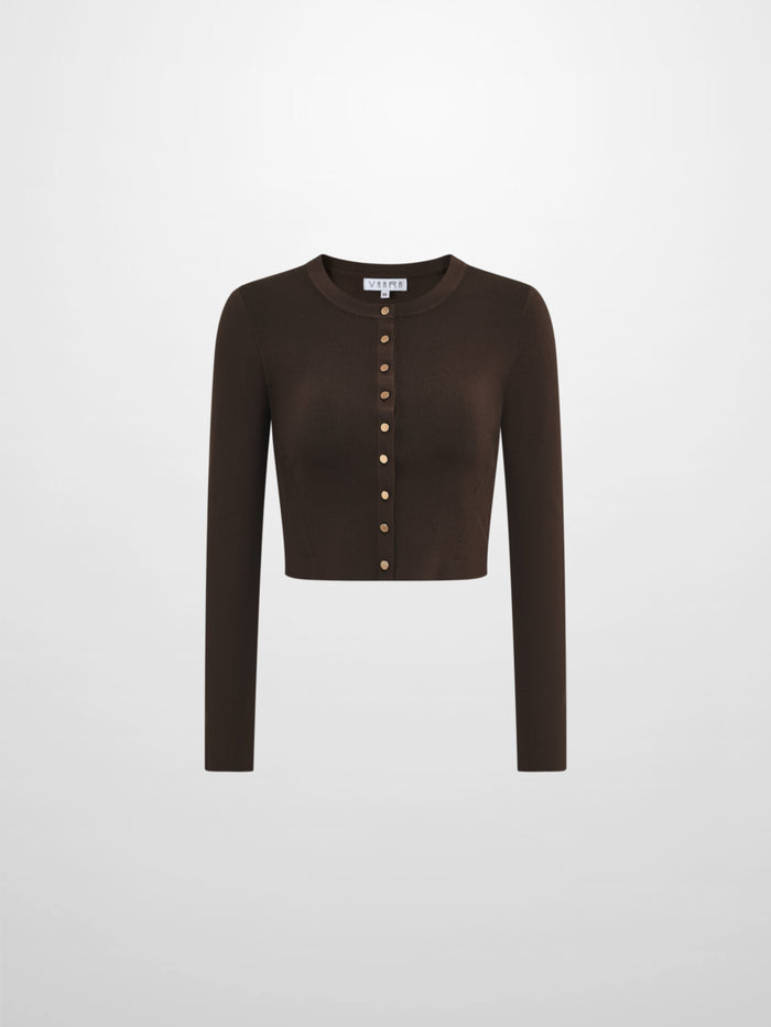 Gold Button Crop Cardigan - Brown
