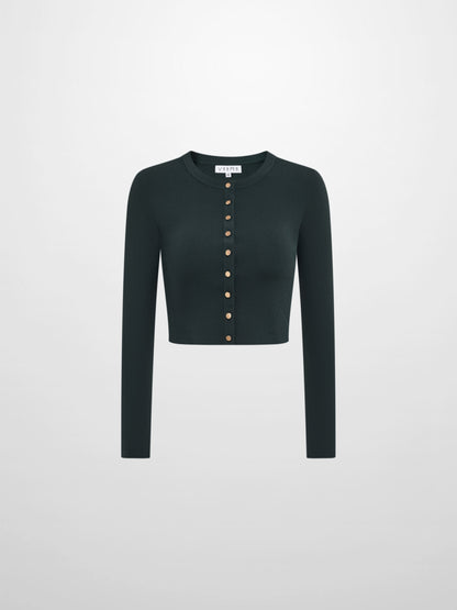 Gold Button Crop Cardigan - Emerald Green
