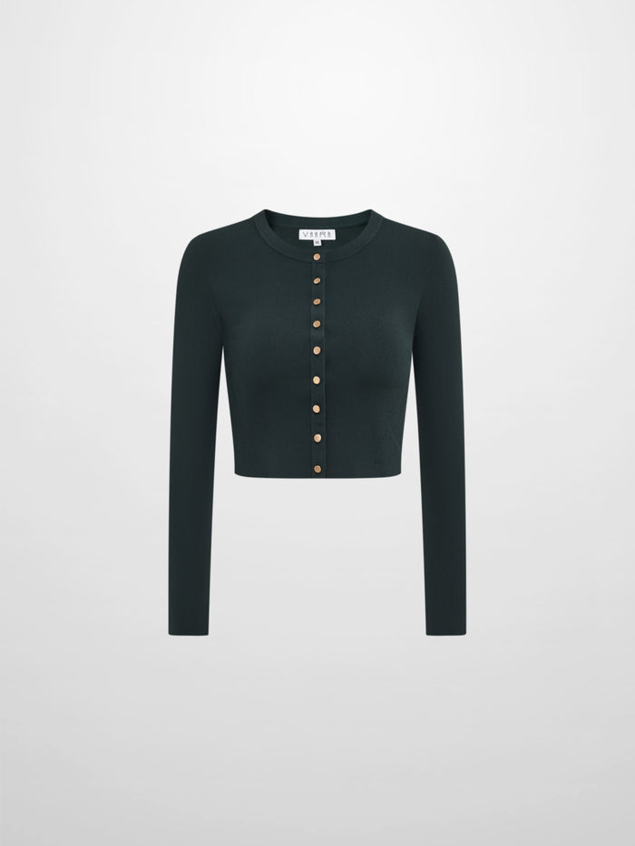 Gold Button Crop Cardigan - Emerald Green