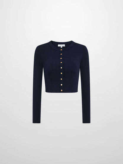 Gold Button Crop Cardigan - Navy
