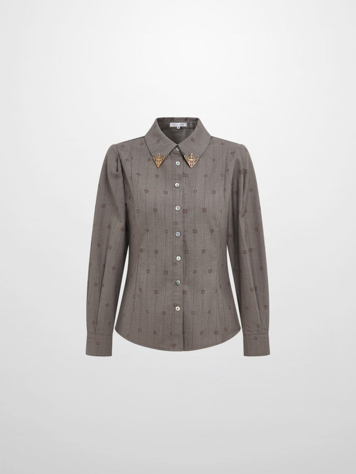 Printed Collar Detail Blouse - Grey