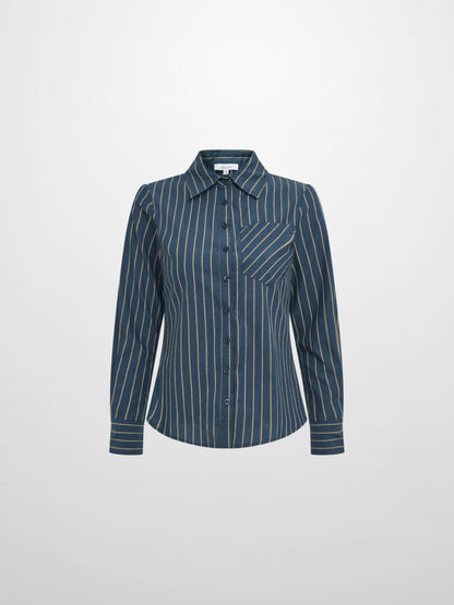 Pocket Button Down Blouse - Denim Blue Stripe