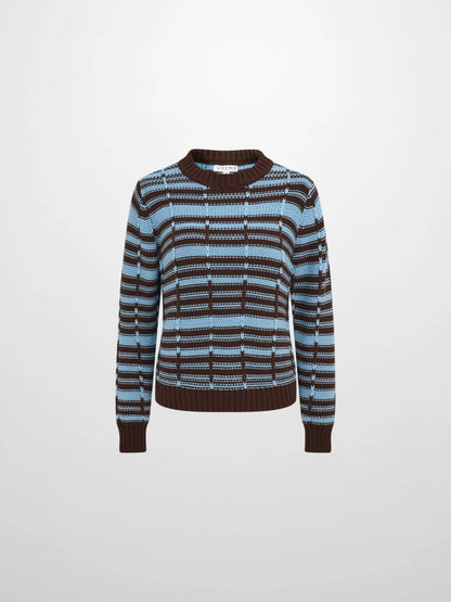 Overstitch Detail Striped Sweater - Brown/Light Blue
