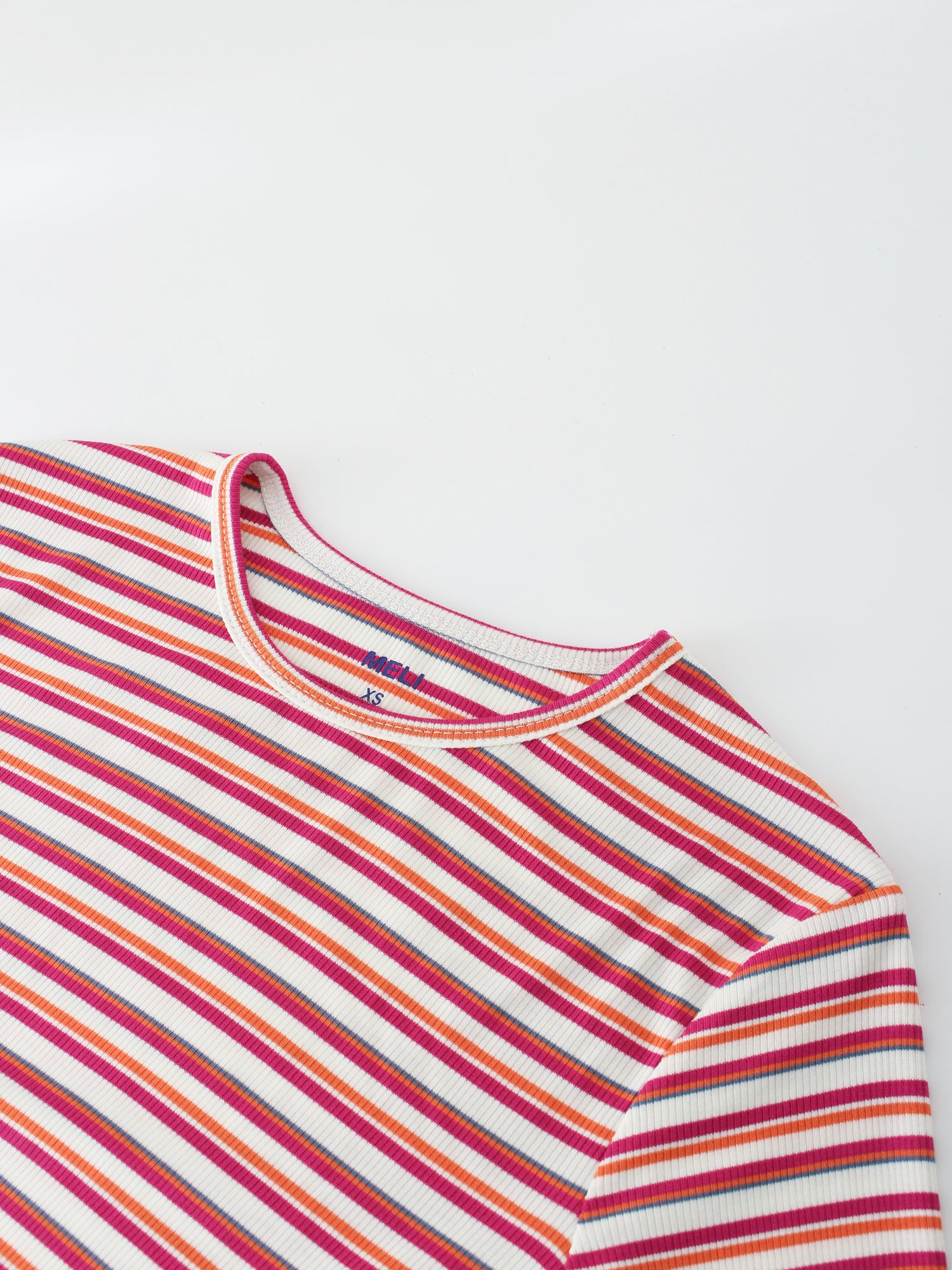 Striped Ribbed Crew-White/Orange/Hot Pink