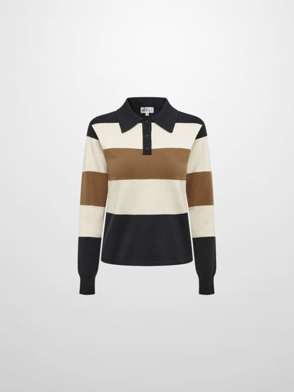 Knit Polo Top - Navy/Camel/Cream