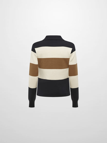 Knit Polo Top - Navy/Camel/Cream