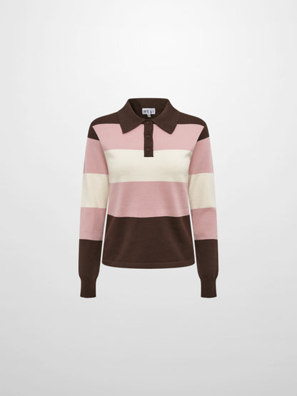 Knit Polo Top - Chocolate Brown/Pink/Cream
