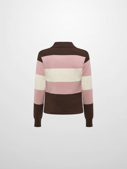 Knit Polo Top - Chocolate Brown/Pink/Cream