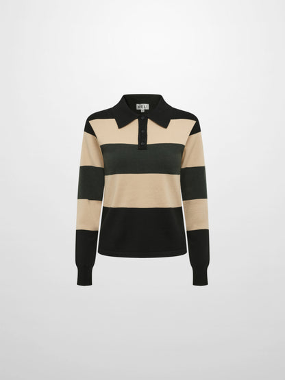 Knit Polo Top - Black/Oatmeal/Sage