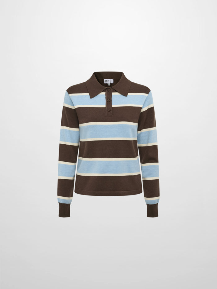 Knit Polo Top - Brown/Light Blue