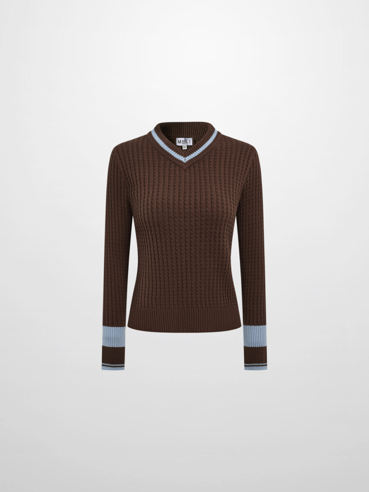 High V Waffle Sweater - Brown/ Light Blue