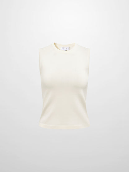 Sleeveless Crew Neck Silk Knit Top - Cream