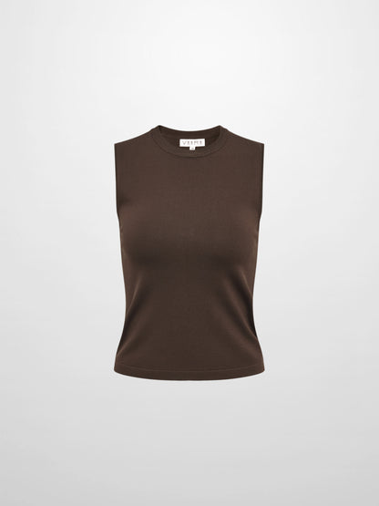 Sleeveless Crew Neck Silk Knit Top - Brown