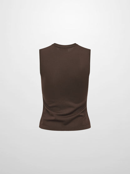 Sleeveless Crew Neck Silk Knit Top - Brown