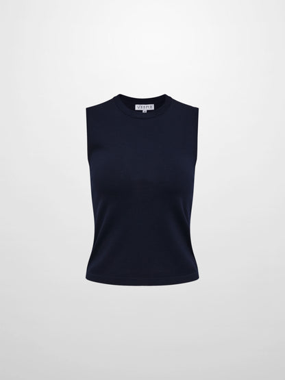 Sleeveless Crew Neck Silk Knit Top - Navy
