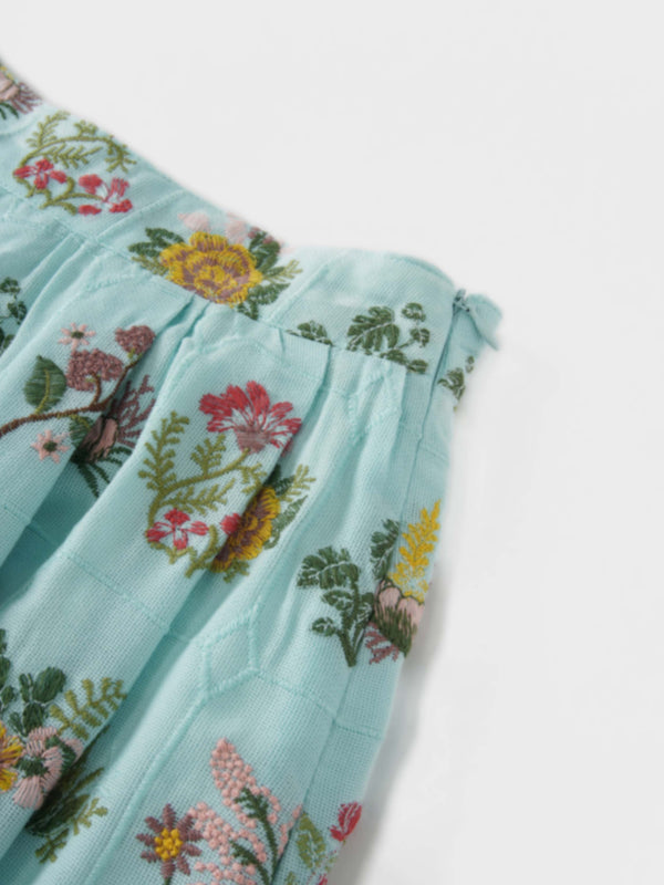 Embroidered Waisted Skirt-Mint