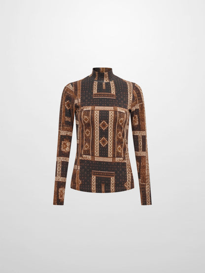 Printed Modal Turtleneck - Brown Mosaic