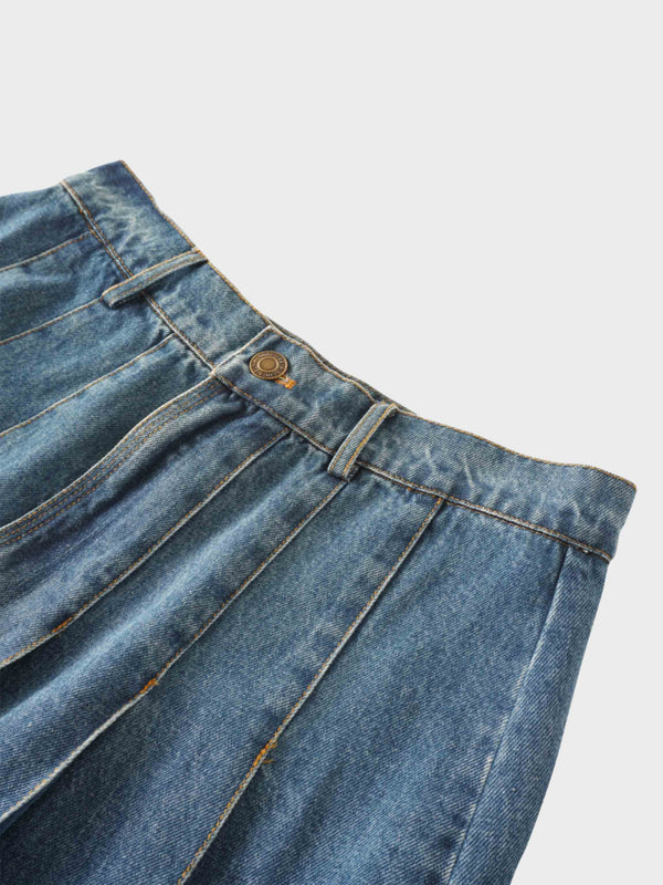 Stitched Pleated Denim Skirt-Blue