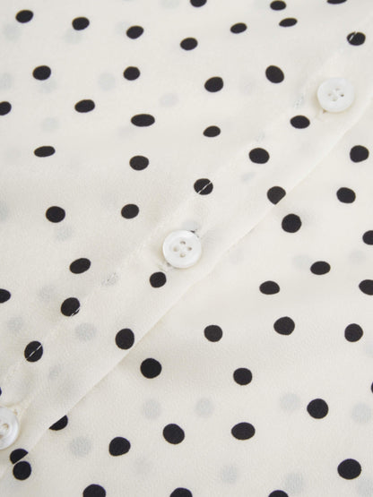 Puff Sleeve Button Down Blouse-Faux Satin Polka Dots