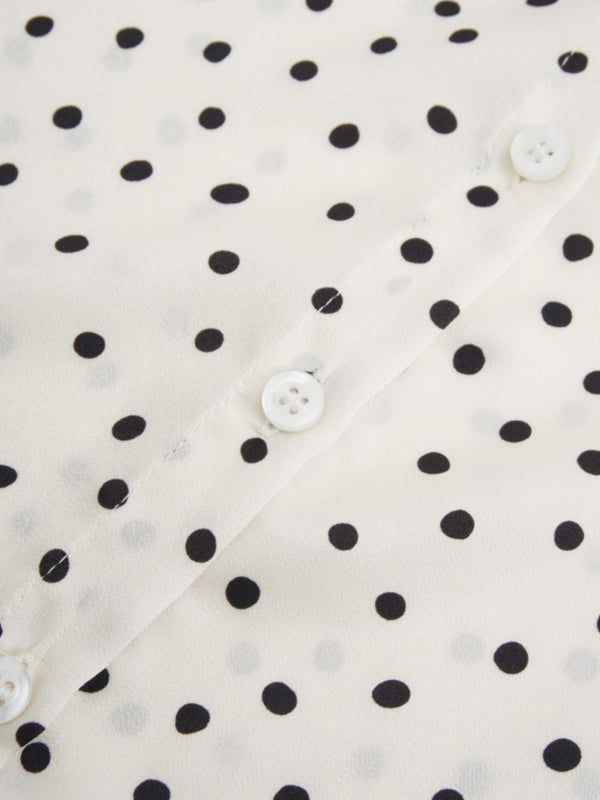 Puff Sleeve Button Down Blouse-Faux Satin Polka Dots