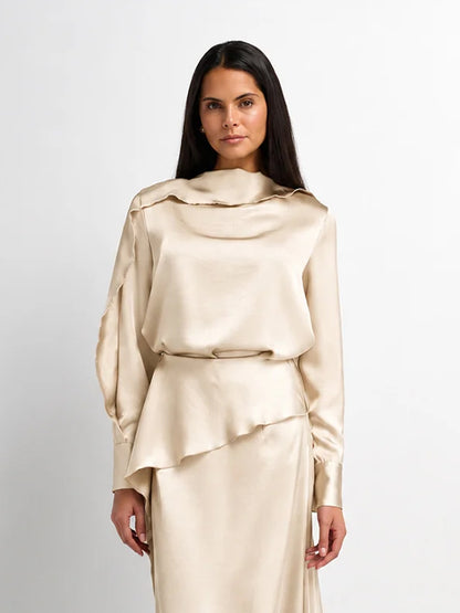 Faux Satin Ruffle Top - Cream