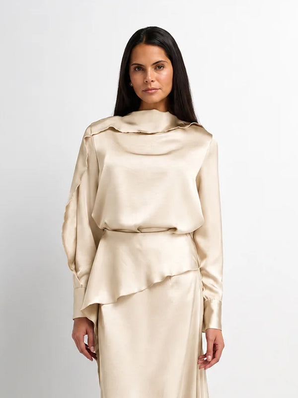 Faux Satin Ruffle Top - Cream